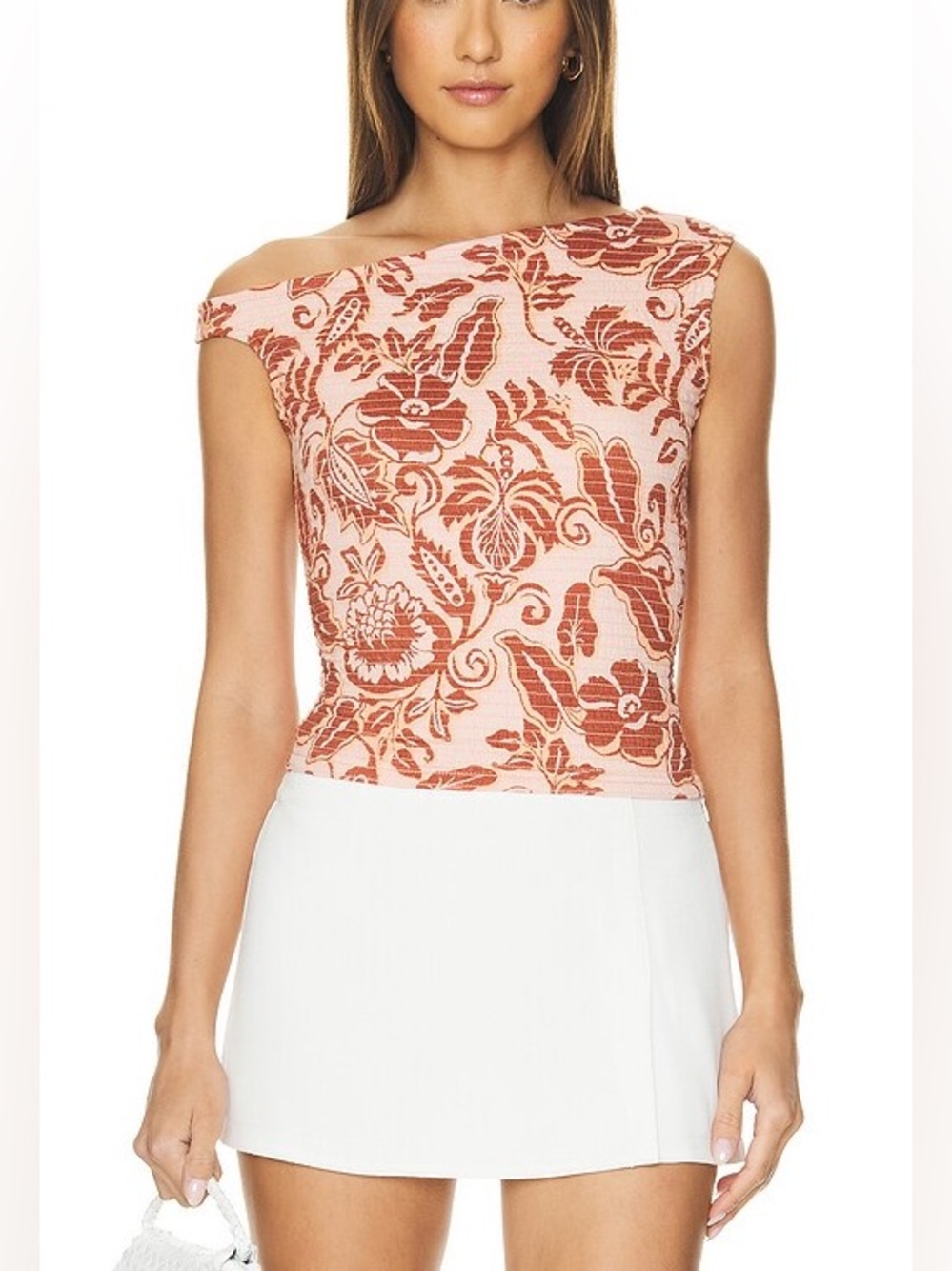 Free People Shea Asymmetric Smocked Top Apricot Floral Cotton Size S